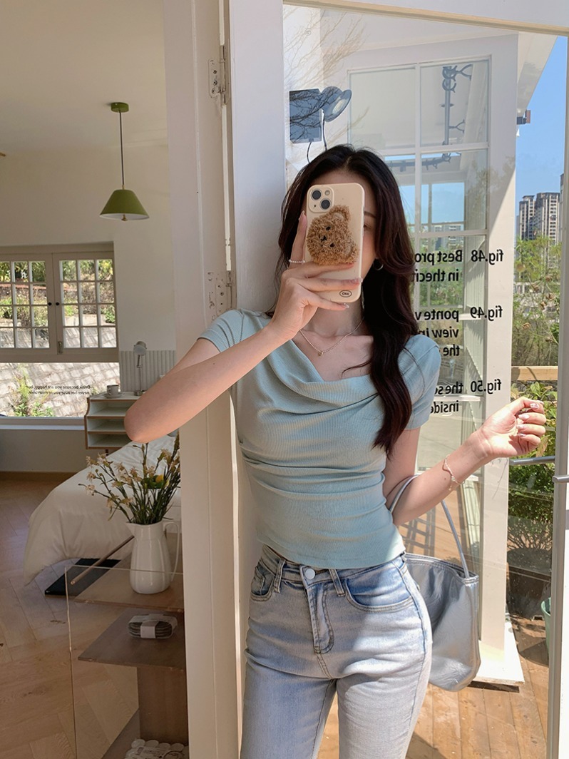 * 2 modal 260g short sleeved t-shirt thin 2024 summer irregular saliva collar solid color women's top