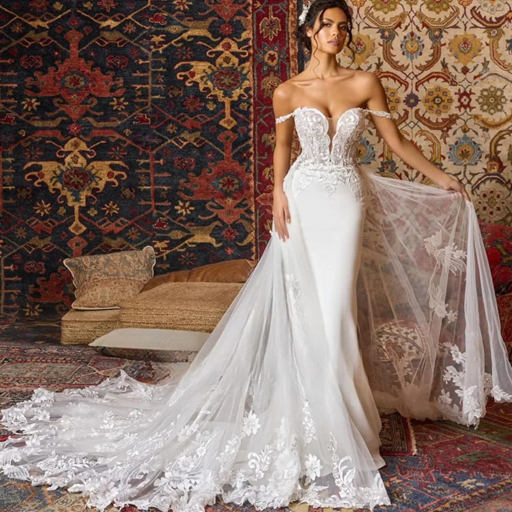 Fashion Mermaid Wedding Dresses Sweetheart Off Shoulder Backless Bridal Gown Appliques Detachable Train Dress Custom Made