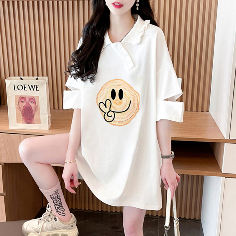 First release of pure cotton short sleeved for women in summer 2024, loose mid to long POLO collar top T-shirt