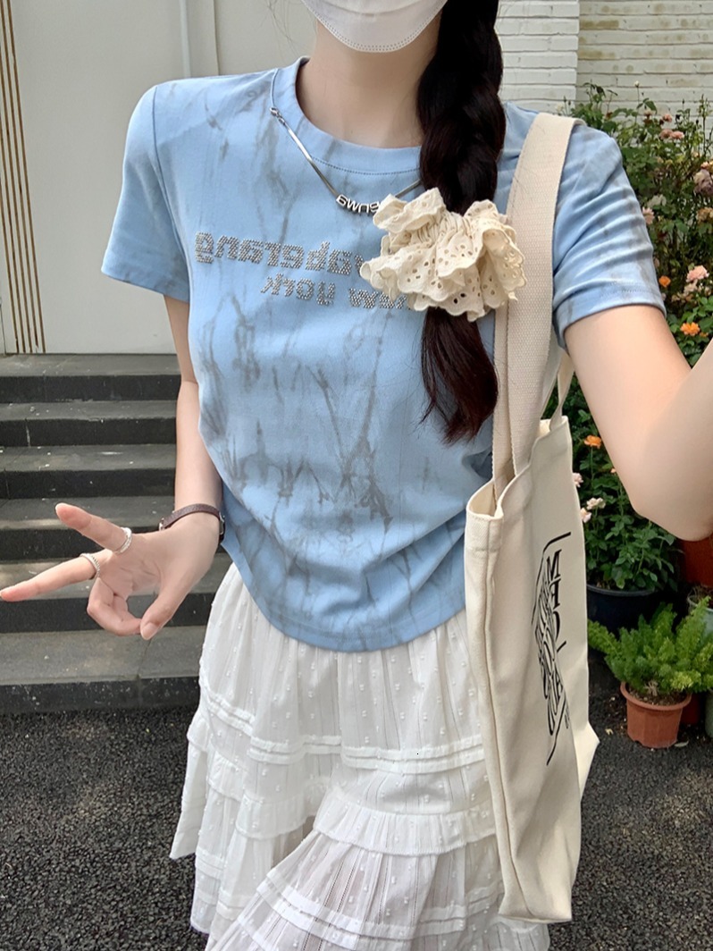 210g threaded short sleeved T-shirt with summer print, front shoulder slim fit, round neck top, Korean version, women's clothing