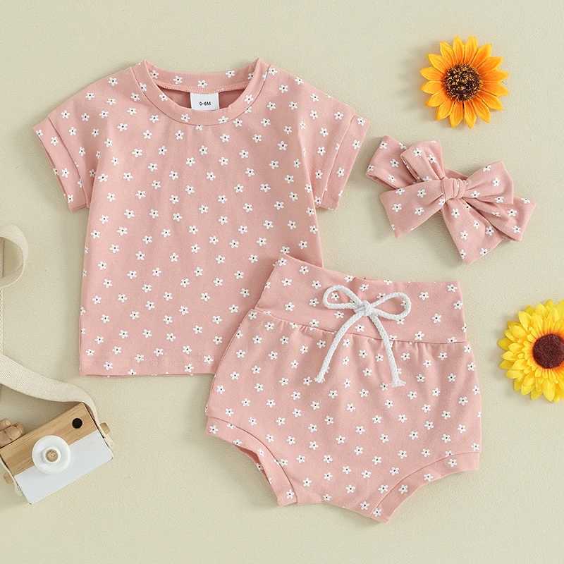 Clothing Sets Lioraitiin Newborn Baby Girl Clothing Sets Kids Cotton Floral Print Short Sleeve Pullover T-shirts+High Waist Shorts+Headwear