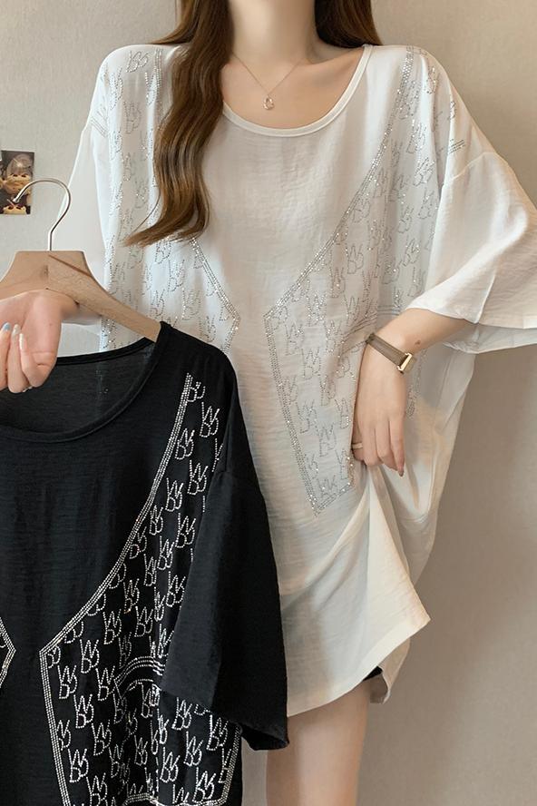 2024 Summer New Round Neck Hot Diamond Dropped Shoulder Sleeves Versatile T-shirt Women's Large Loose Casual Hoodie Top