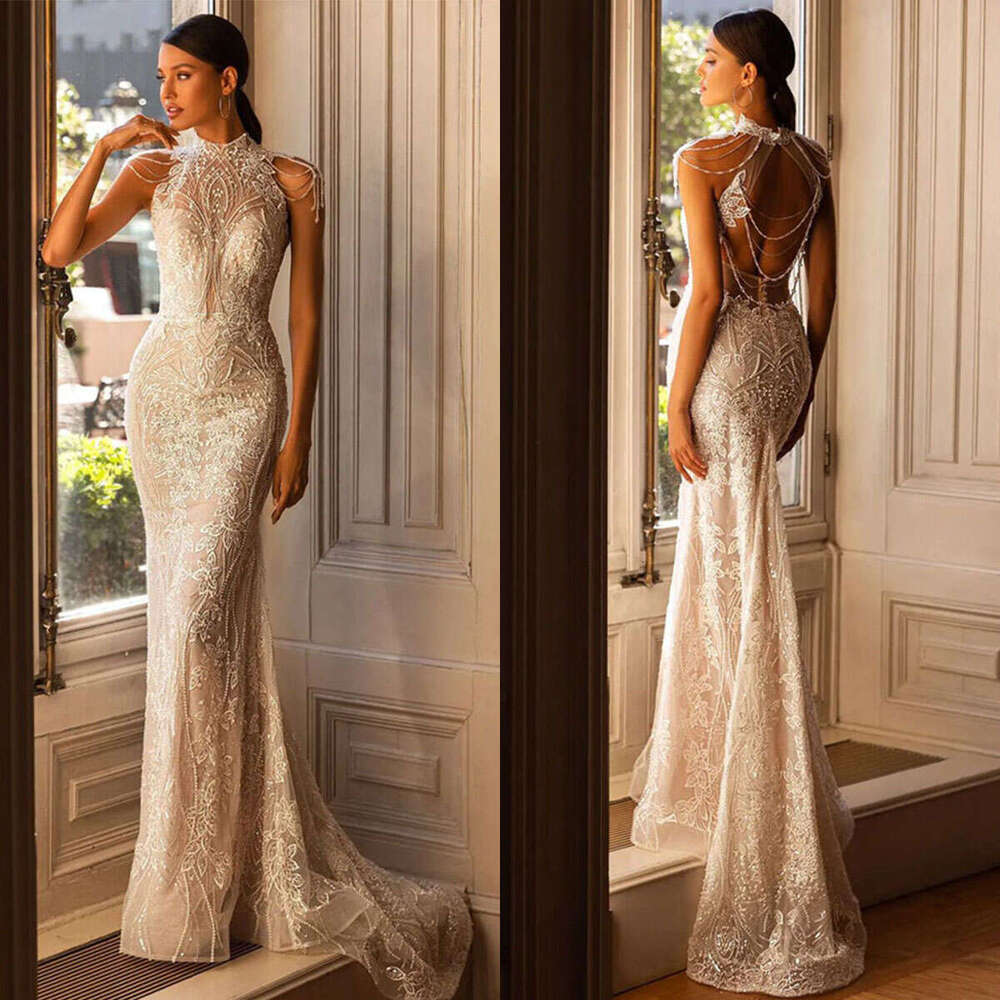 Princess Mermaid Wedding Dresses Beading Appliqued Lace Bridal Gowns Custom Made Backless Sweep Train Robe De Mariee