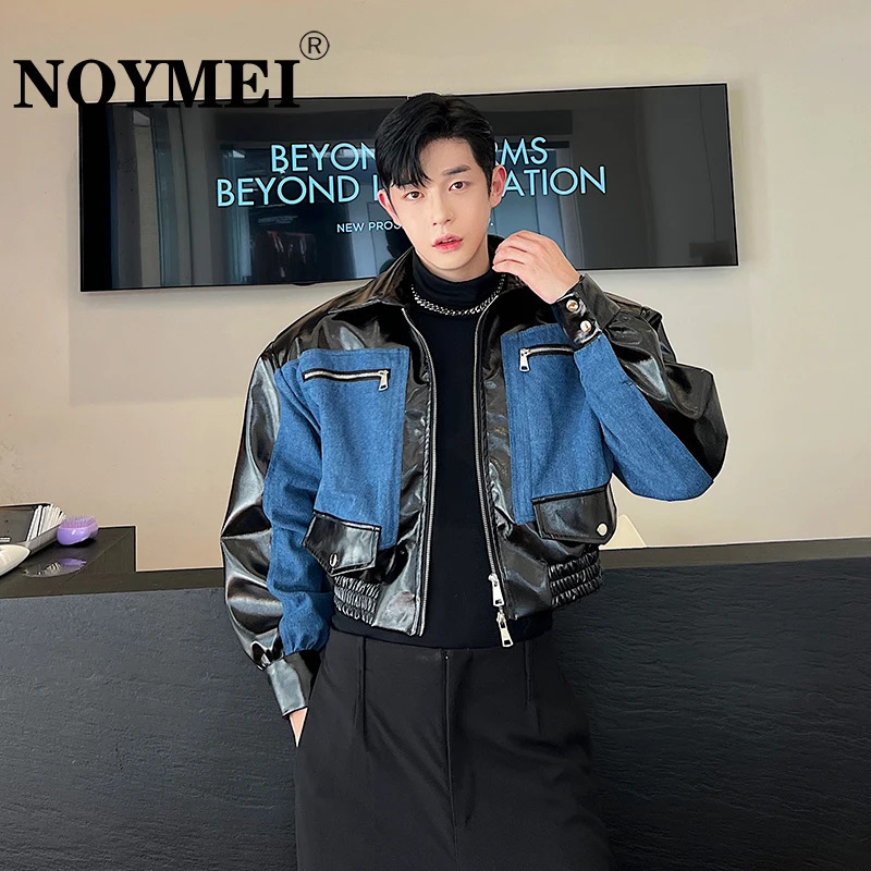 NOYMEI Denim Patchwork Silhouette Mens Short Jacket Contrast Color Fashionable Korean Style Autumn Male Coat WA2807 240712