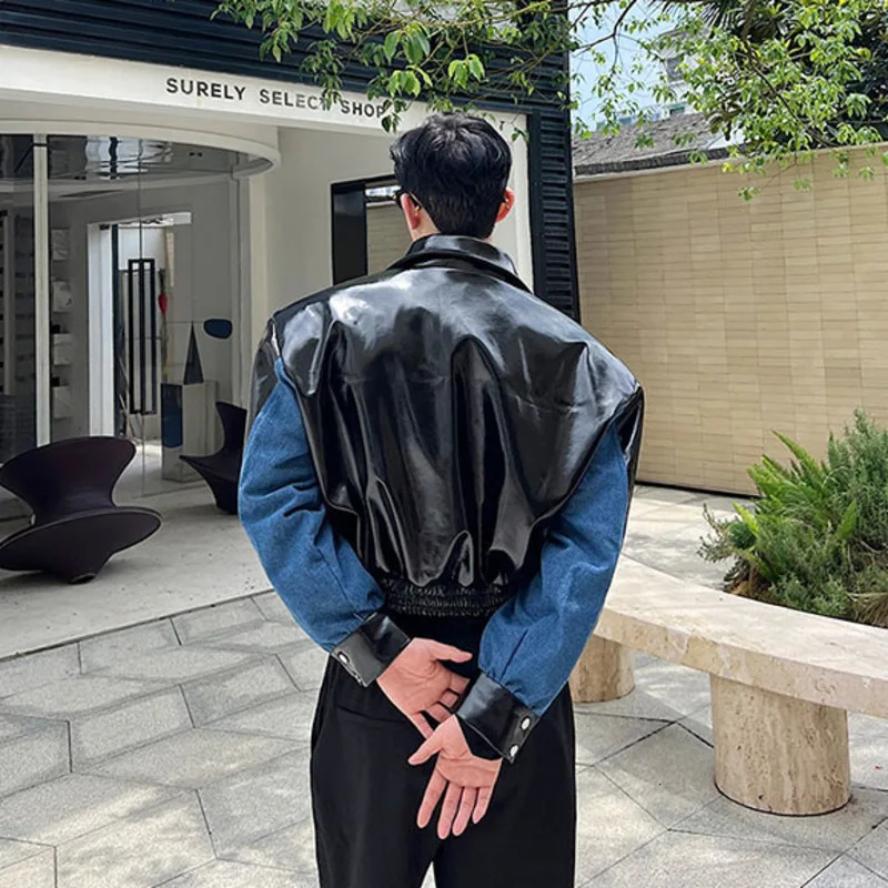 NOYMEI Denim Patchwork Silhouette Mens Short Jacket Contrast Color Fashionable Korean Style Autumn Male Coat WA2807 240712