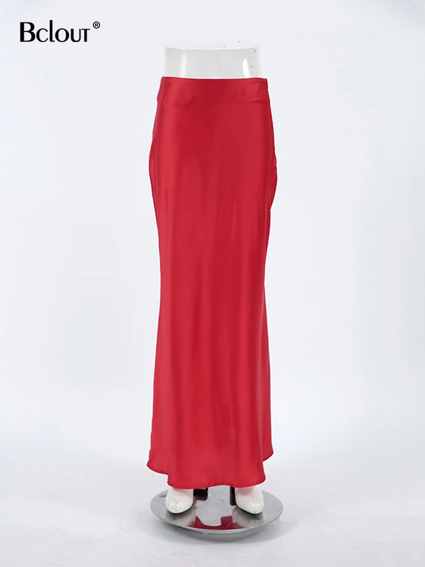 Bclout Fashion Satin Red Skirts Women 2024 Elegant Solid High Waist Office Lady Skirts Vintage Thin Party Slim Long Skirts Sexy 240715