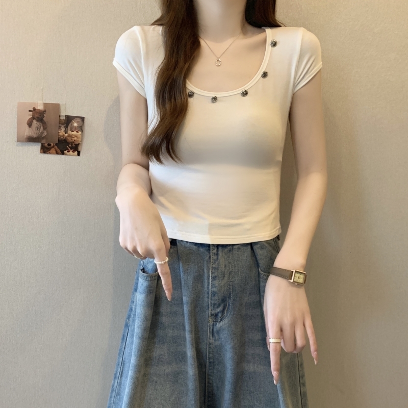 40 count pure cotton 2024 summer clothing button short sleeved T-shirt for women's niche