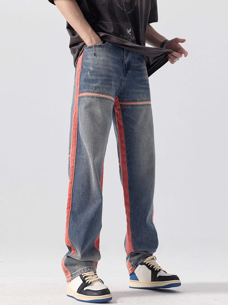 Straight Man Cowboy Pants Spliced Punk Trousers Aesthetic Jeans for Men Spring Autumn Soft Streetwear Harajuku Y 2k Vintage Y2k 240708