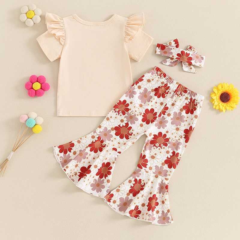 Clothing Sets 2024-03-13 Lioraitiin 6M-4Y Kid Girls Summer 3PCS Pants Sets Short Sleeve Letter Print Tops Floral Flared Pants Headband Sets