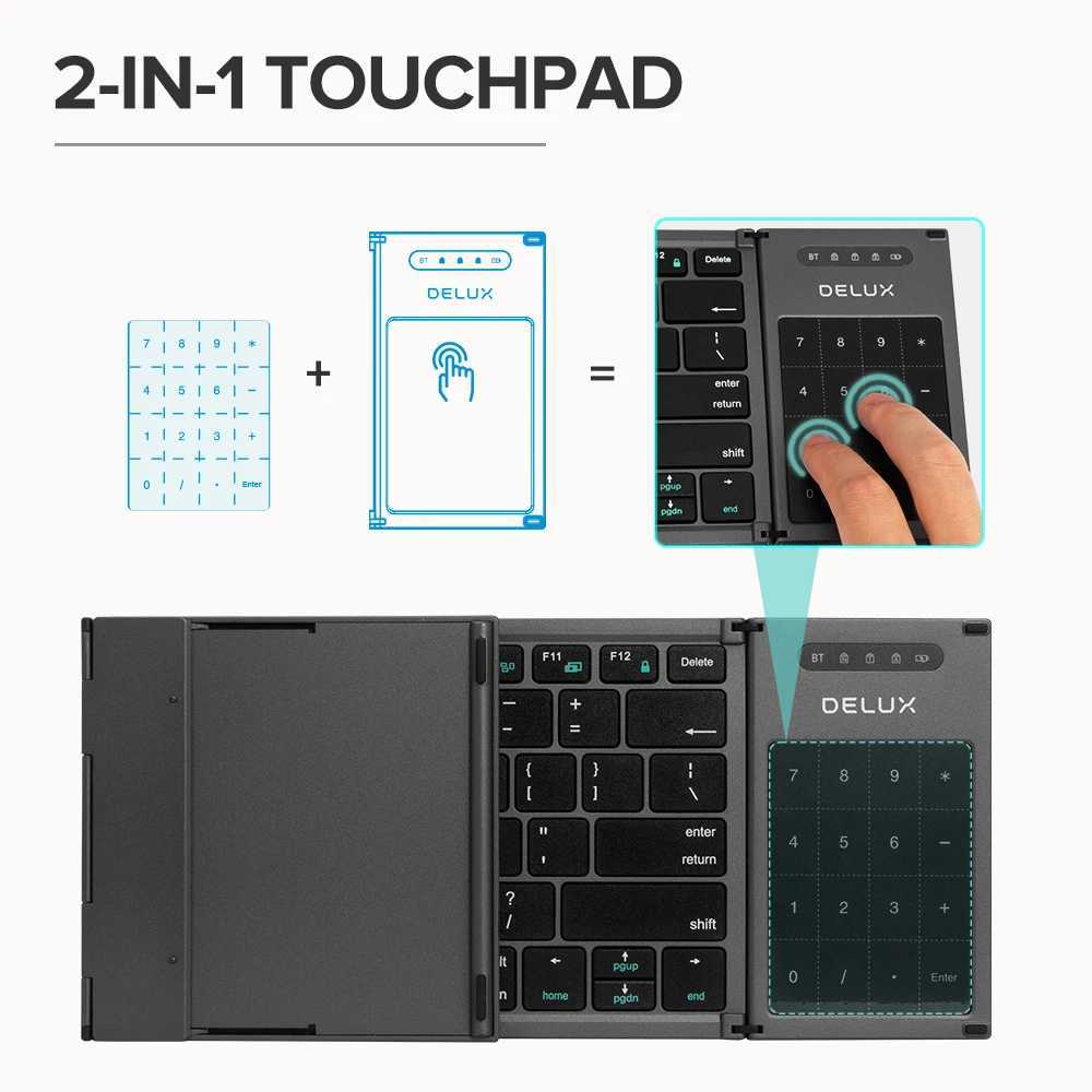 DeLUX KF17 Folding Keyboard Full Size Wireless Bluetooth Keyboard with 2-in-1 Touchpad Portable Compatible Multi-Device KeyboardM240715