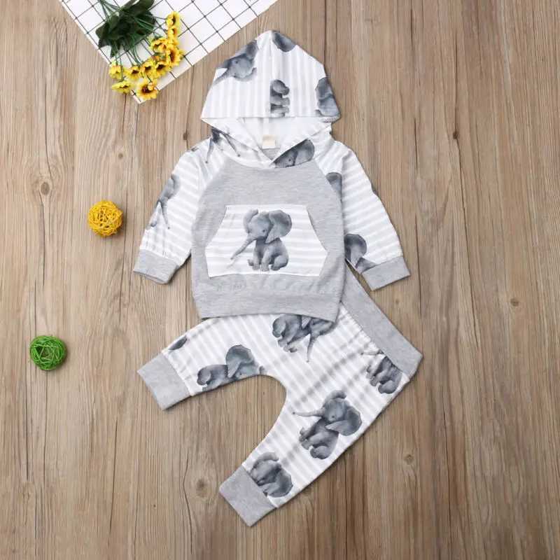 Clothing Sets 2019-07-10 Lioraitiin 0-18m Newborn Baby Boy Clothes Print Elephant Hoodies Tops Striped Long Pants Outfits Set Fall Clothes