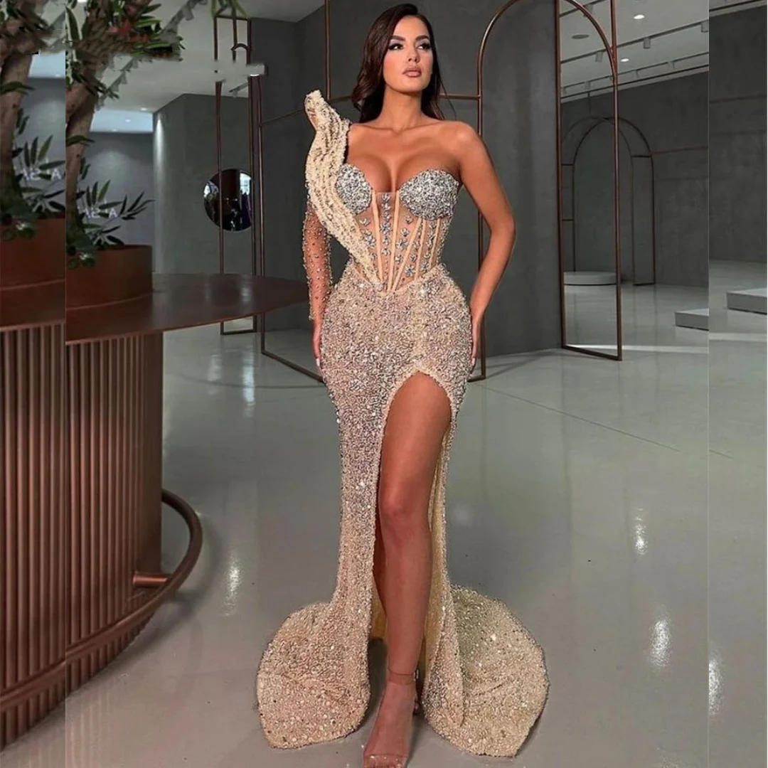 2025 Sparkly Champagne Sequin Mermaid Prom Dresses For Black Girls Applique Beading Evening Party Gown Robe De Soiree