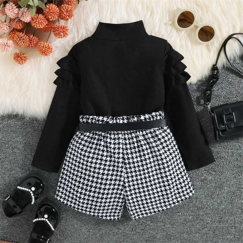 Clothing Sets 2022-08-15 Lioraitiin 0-6Years Toddler Girl Autumn Clothes Ruffled Long Sleeve High Neck Ribbed Houndstooth Print Shorts Belt