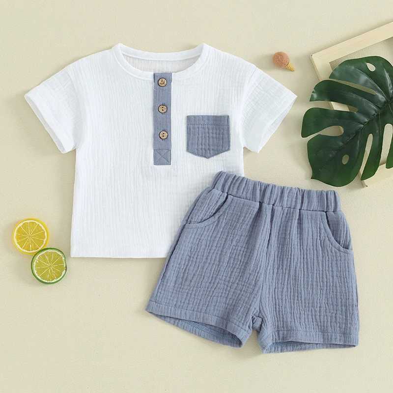 Clothing Sets Cotton Linen Kids Clothes Outfit Summer Boy Clothing Sets Short Sleeve Round Neck Pocket Tops Shorts Children Clothing 0-3 Years P9K1