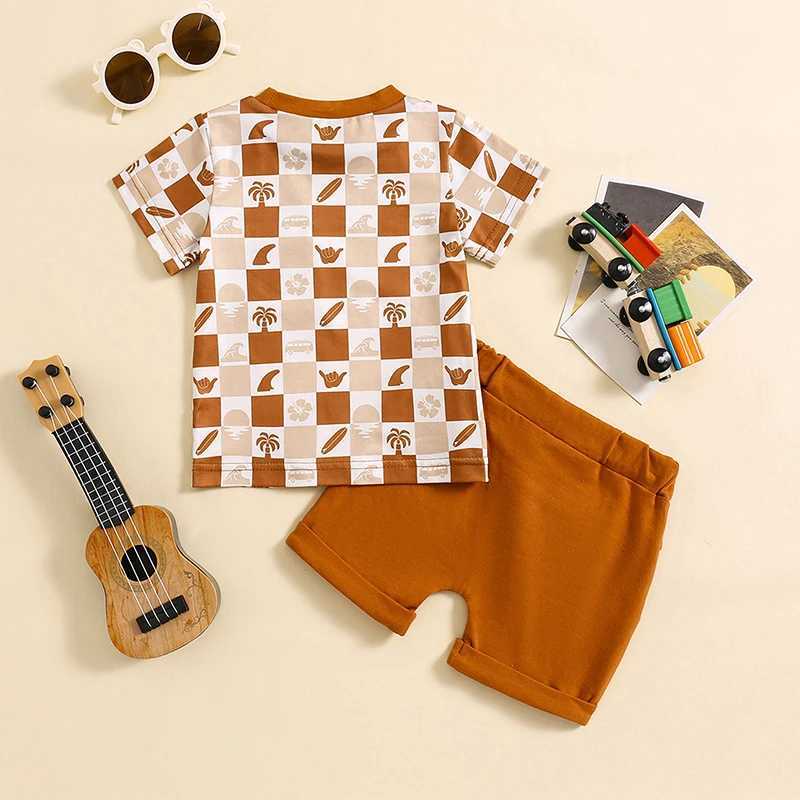 Clothing Sets 2024-02-04 Lioraitiin Toddler Boys Summer Outfits Checkerboard Print Short Sleeve T-Shirts Tops Elastic Waist Shorts Clothes Set