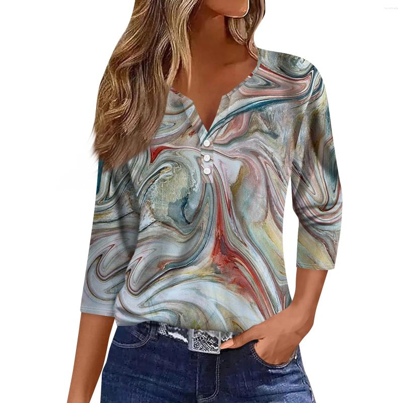 Womens T Shirts Spring And Summer Round Neck Three Quarter Sleeve Independence Day Printed Loose Top Youthful Woman Clothes Female Cloth