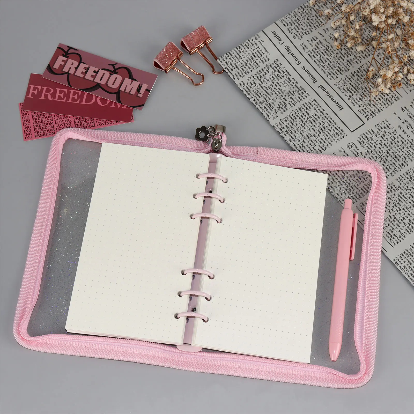 6 Ring A6 Glitter Binder Notebook Agenda Book Protector Macaron Zipper Office Home School Stationery 240712