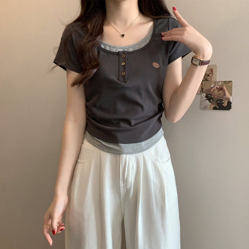 Fake two shoulder short sleeved T-shirts for women in summer 2024, new American style sweet spicy base, waist cinching and pleated slim fit top