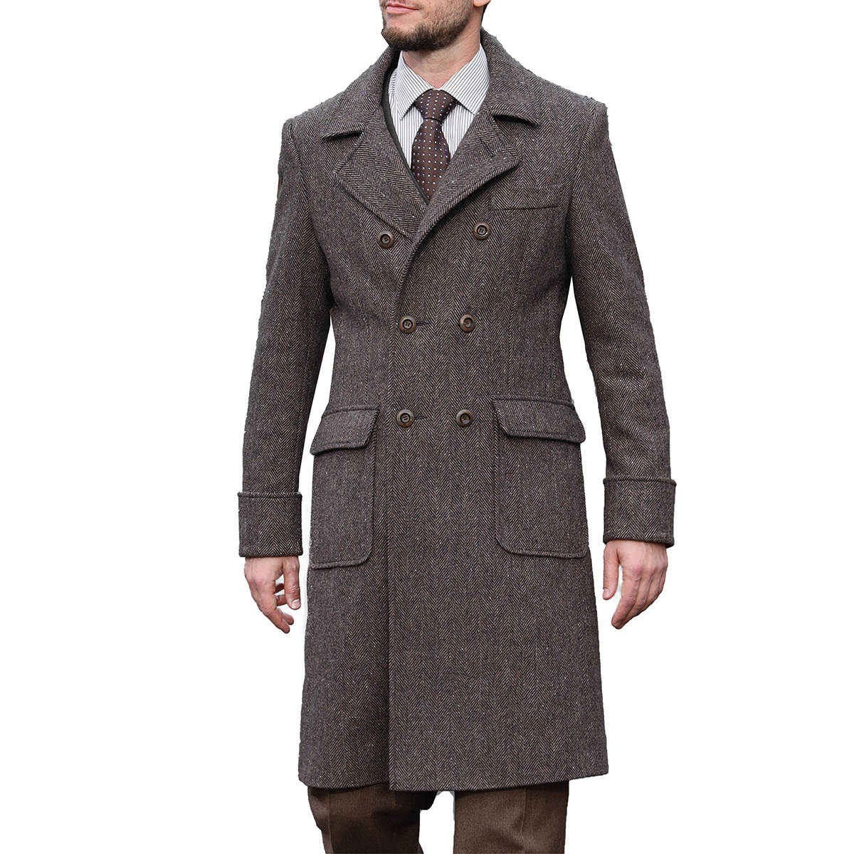 Men's Coat Vintage Notched Lapel Wool Blend Tailored Long Warm Jacket For Men Harringbone Double Breasted Autumn Winter Custom Made Coats