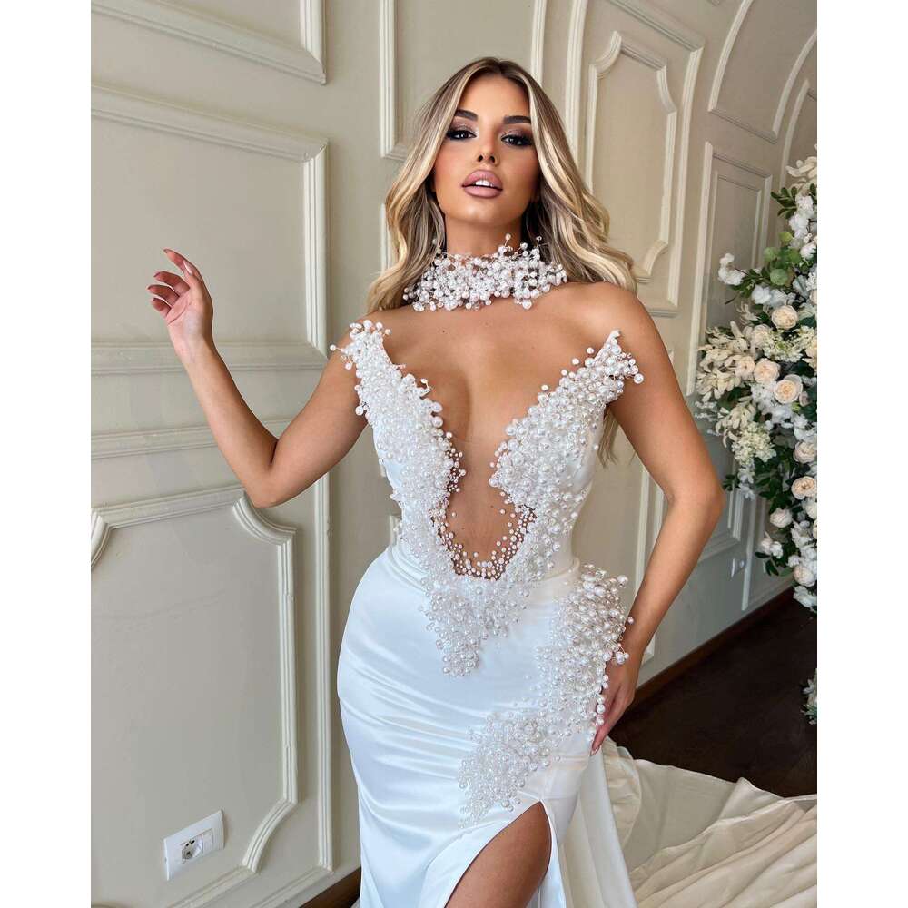 Princess Mermaid special Dresses Sexy V Neck High Split Beads Bridal Gowns Custom Made Appliqued Lace Sweep Train Robe De Mariee