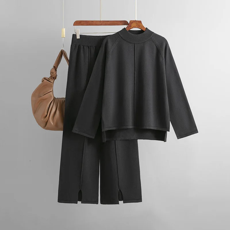 HLBCBG 2 Pieces Set Women Knitted Tracksuit Turtleneck Sweater Loose Slit Pants Pullover CHIC Outwear 240712