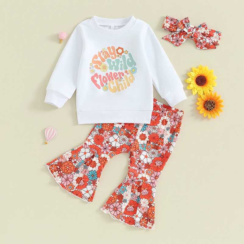 Clothing Sets 2023-09-08 Lioraitiin 0-3Y Baby Girls Clothes Outfits Letter Print Long Sleeve Sweatshirt and Floral Flared Pants Headband Set