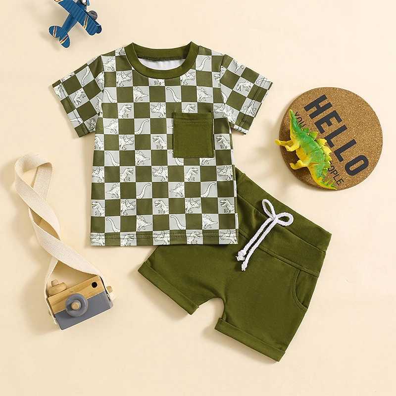 Clothing Sets 2024-02-04 Lioraitiin Toddler Boys Summer Outfits Checkerboard Print Short Sleeve T-Shirts Tops Elastic Waist Shorts Clothes Set