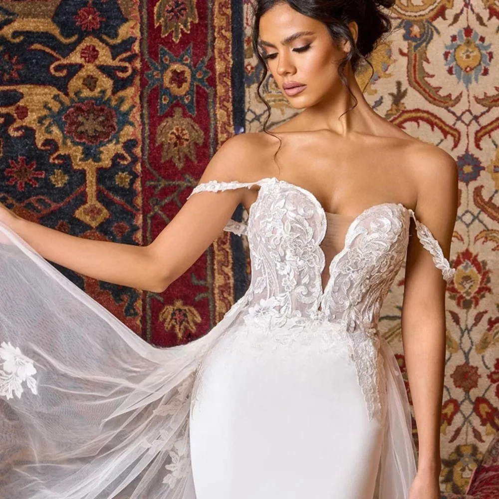 Fashion Mermaid Wedding Dresses Sweetheart Off Shoulder Backless Bridal Gown Appliques Detachable Train Dress Custom Made