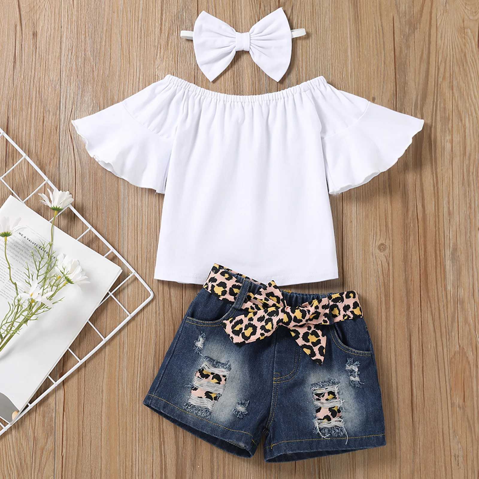 Clothing Sets 2022-02-12 Lioraitiin 0-5Years Toddler Little Girls 3PCS Suit Off-Shoulder Short Flared Sleeve Tops Leopard Belt Denim Pants