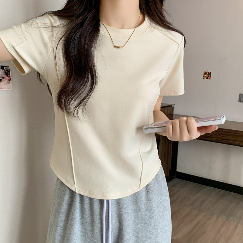 White short sleeved t-shirt for women 2023 spring and summer new round neck solid color versatile slim fishbone top