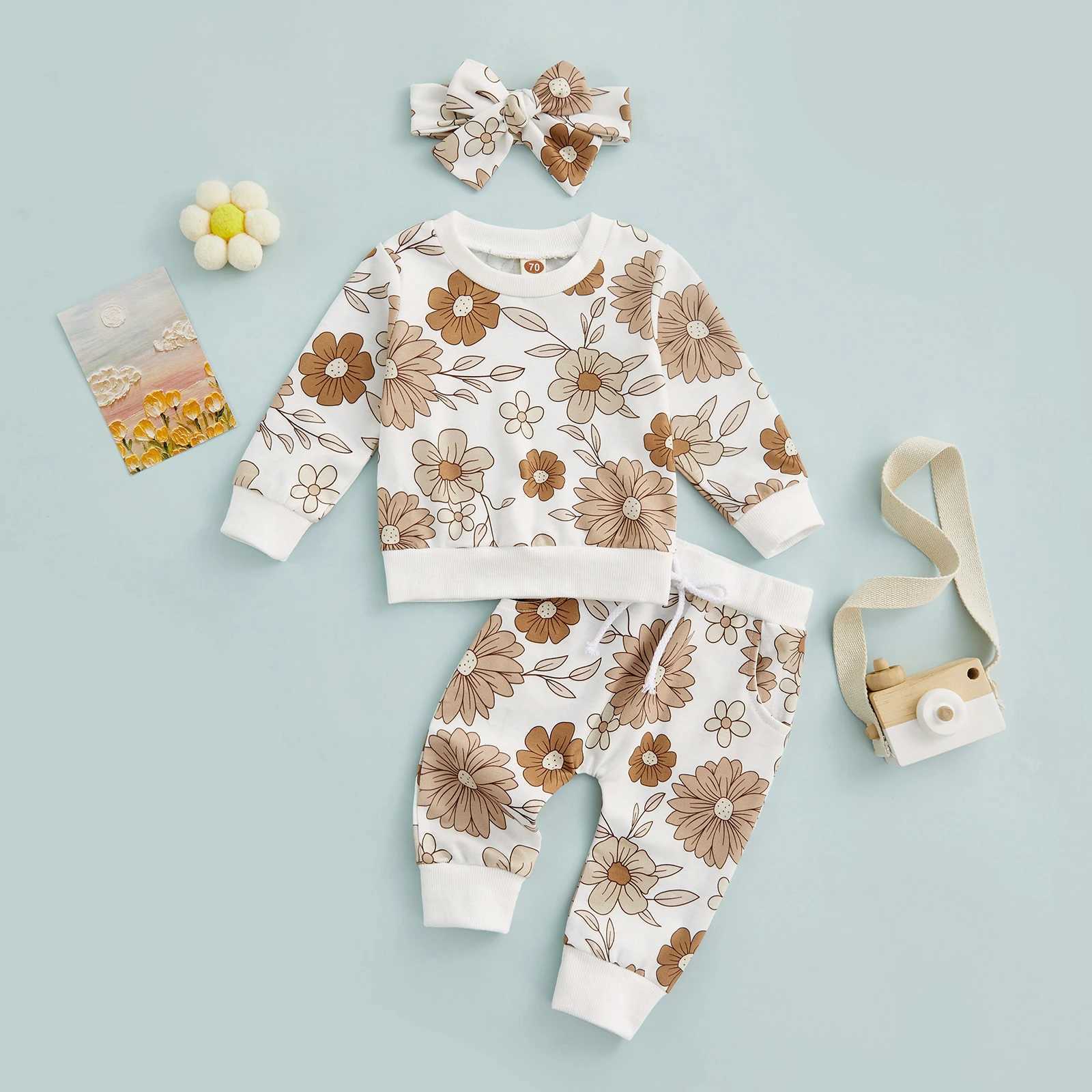 Clothing Sets 2022-08-03 Lioraitiin 0-3Years Kid Baby Girl Autumn Clothes Set Long Sleeve Flower Print Pullover Trousers Headband