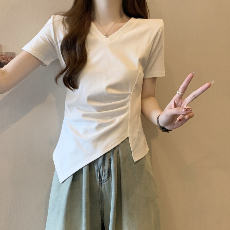 Large size shoulder new style internet famous European goods irregular fold waist collection short sleeved popular pink t-shirt slim fit top for women