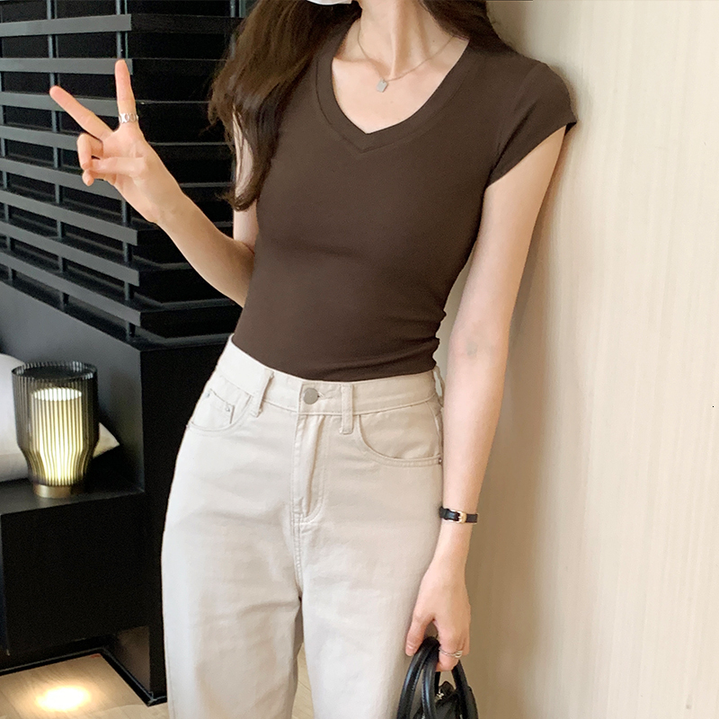 Korean casual simple versatile slimming solid color V-neck short sleeved T-shirt for women with stretch and slim fit