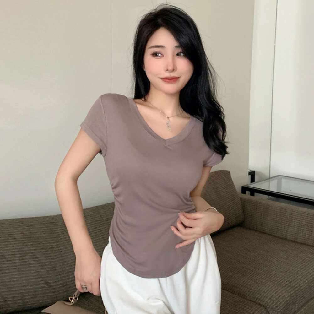 JoyingFeng style Fengshen V-neck sleeved T-shirt for women's summer thin design, pure desire to pair with slim fit short top