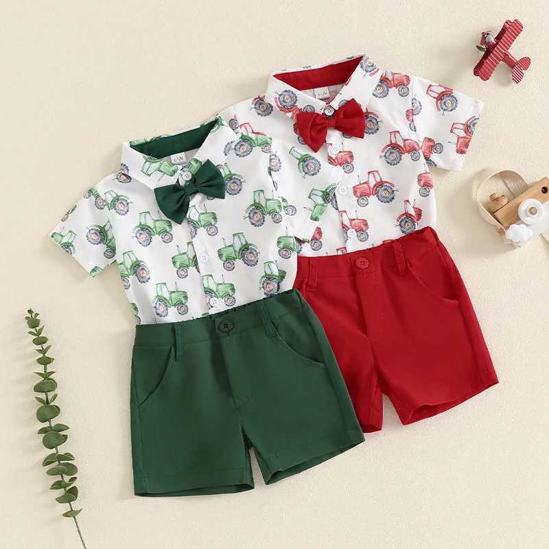 Clothing Sets 2024-05-17 Lioraitiin Toddler Boys Summer Outfits Bowtie Tractor Print Turn-Down Collar Short Sleeve Shirts Tops Shorts 2Pcs Set