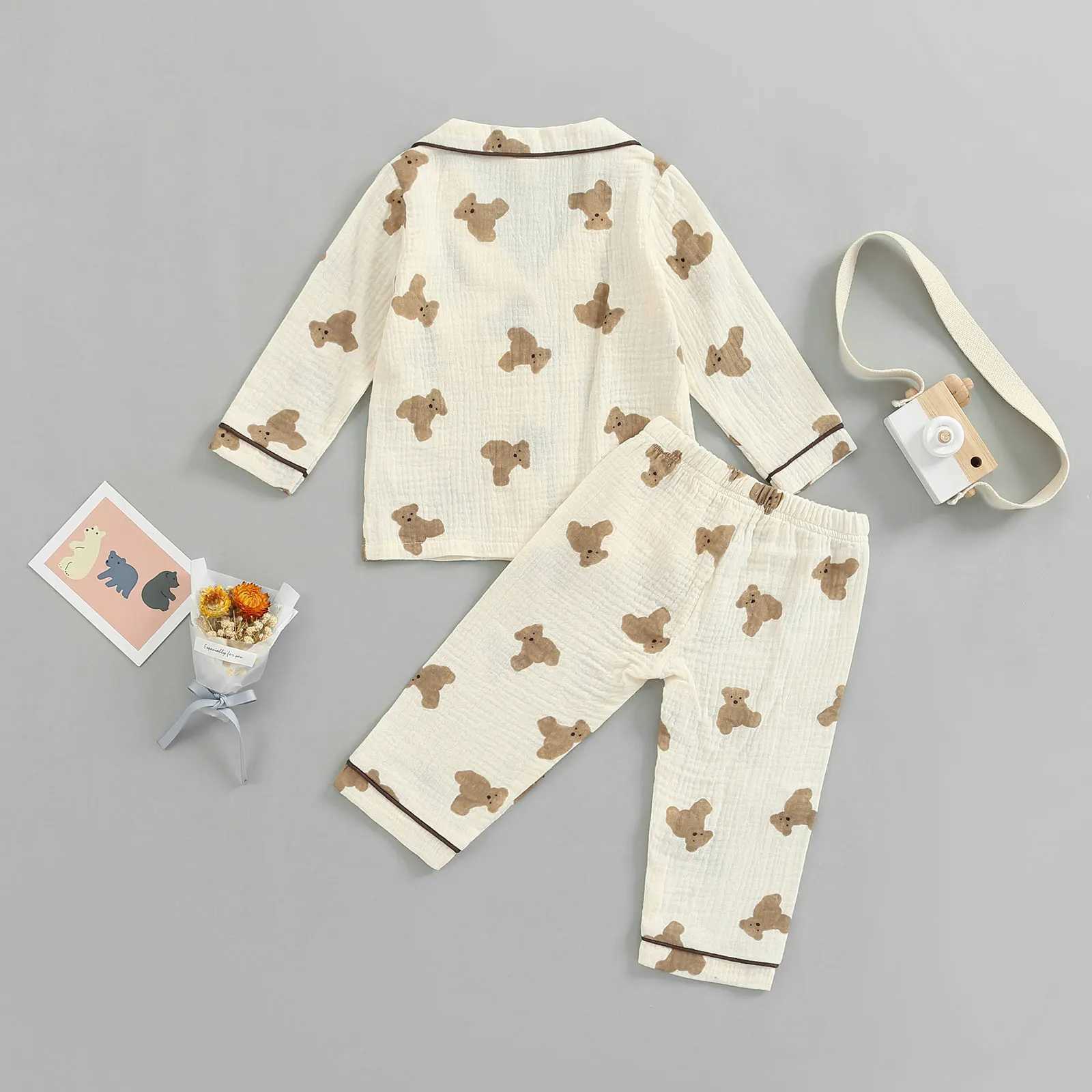 Clothing Sets 2022-07-06 Lioraitiin 0-6Years Kids Unisex Casual Pajama Suit Bear Printed Long Sleeve Front Pocket Lapel Tops Printed Long Pant