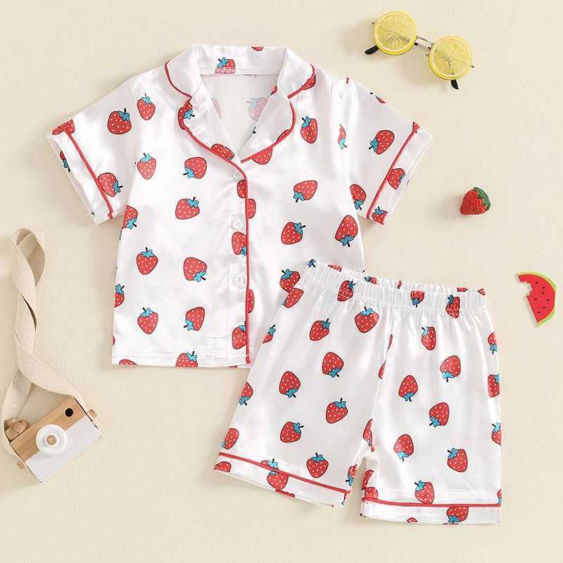 Clothing Sets 2024-04-26 Lioraitiin Baby Girl 2Pcs Pajama Set Short Sleeve Strberry Print Button Shirt + Shorts Set Kid Loungewear