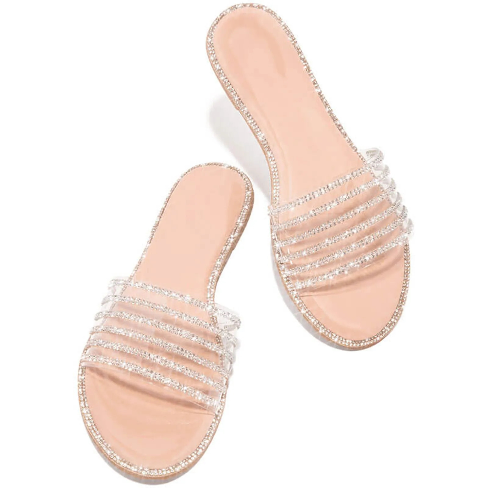 Women Outdoor Slippers Fashion Summer Crystal Jelly Shoes Arrival Round Toe Flat Bottom Ladies Party Dressy Shiny Sandals 240708