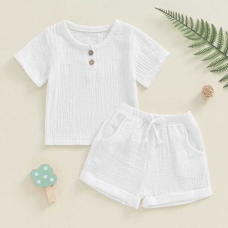 Clothing Sets 2024-04-30 Lioraitiin Baby Shorts Set Short Sleeve Button Front Solid Color T-Shirt and Shorts Toddler 2 Piece Outfits
