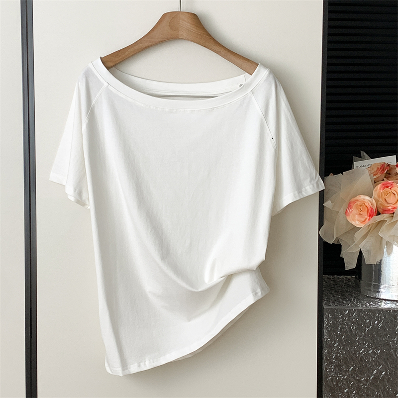 2024 Good morning, Fan Fan. Elastic collar, slanted one shoulder, two loose short sleeved T-shirt, women's summer slimming versatile thin top