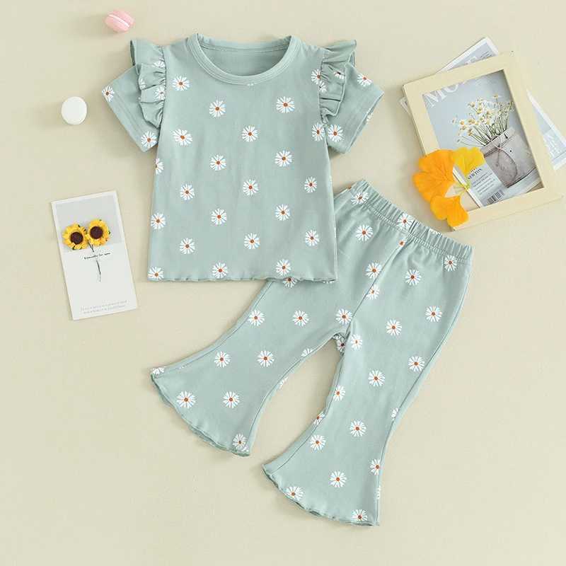 Clothing Sets 2024-01-23 Lioraitiin 1-5Y Toddler Baby Girl 2Pcs Summer Outfits Ruffle Short Sleeve Floral Print Tops + Pants Set Clothes