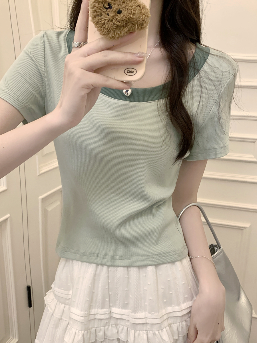 Contrast color U-neck shoulder sleeved T-shirt for women's 2024 summer new commuting Korean style versatile small short top