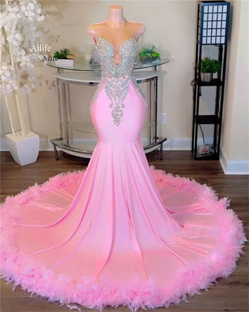 Sweety Pink Feathers Mermaid Prom Dresses For Black Girls Sliver Crystal Beaded Tail Gowns Sexy Sparkly Robe De Bal 0715