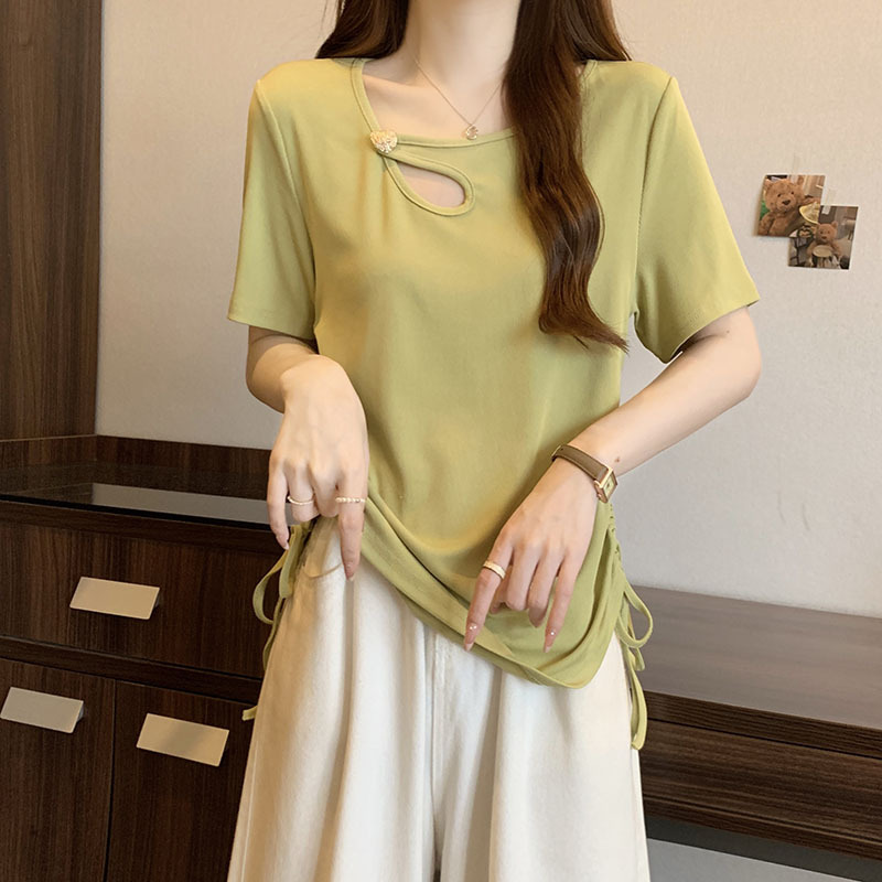 2024 summer outfit new chubby mm plus size women's fashion design sense hollow out careful hine drawstring short sleeved T-shirt