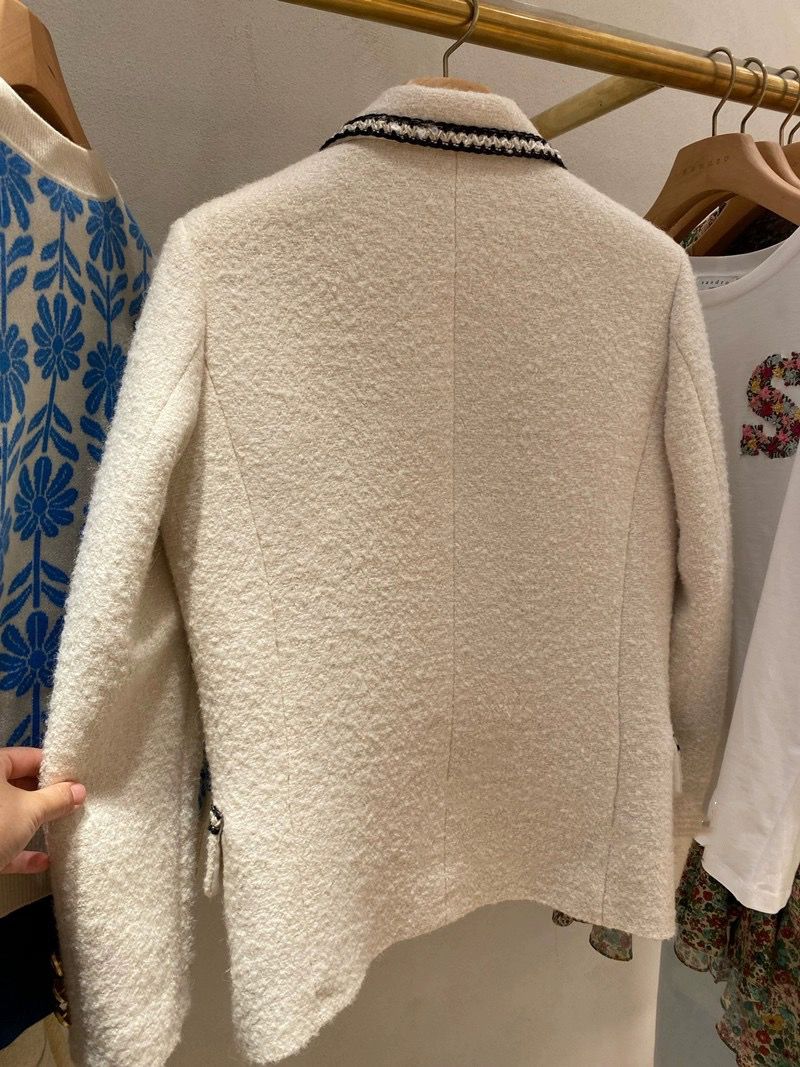 2024 autumn new san dro woven edge white single breasted coarse tweed suit women's jacket spring style