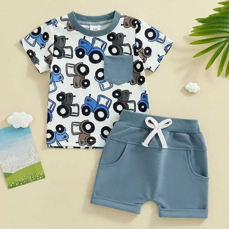 Clothing Sets 2024-03-26 lioraitiin 0-3Y Toddler Boy Summer Outfit Truck Print Short Sleeve Pocket T-Shirt with Solid Color Shorts