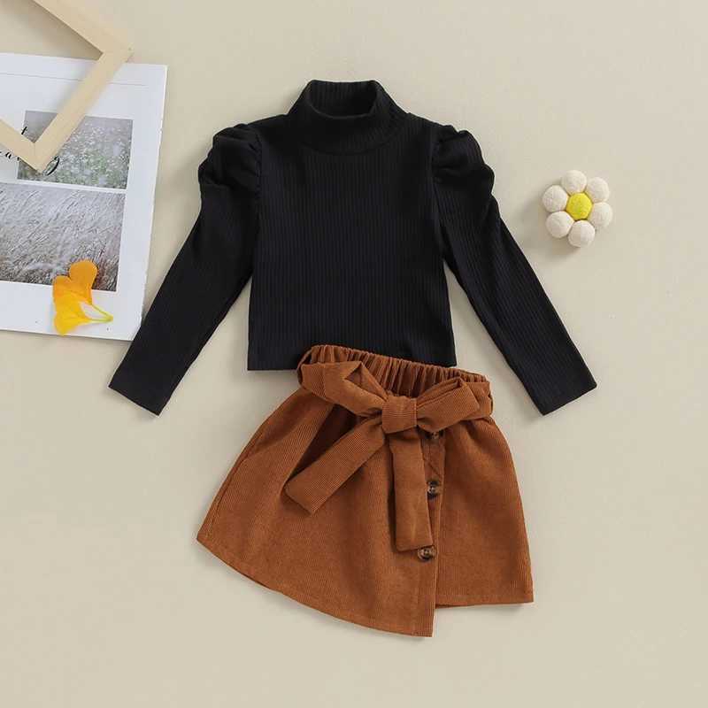 Clothing Sets 2023-09-17 Lioraitiin 1-6Y Kids Girls Skirt Set Long Sleeve Turtleneck T-shirt with Irregular Skirt and Belt Fall Outfit