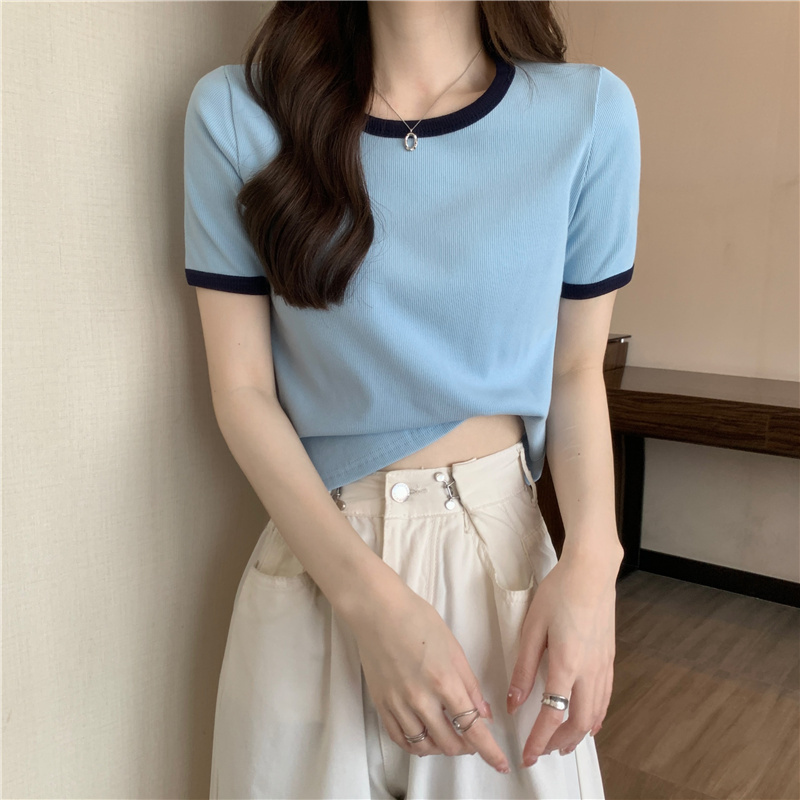 Summer new contrasting high waisted short sleeved T-shirt for women