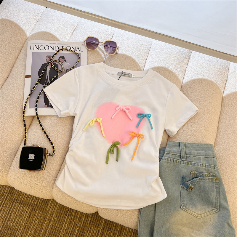 92 cotton/8 spandex 40 count 210g pure cotton color rope bow short sleeved T-shirt for women
