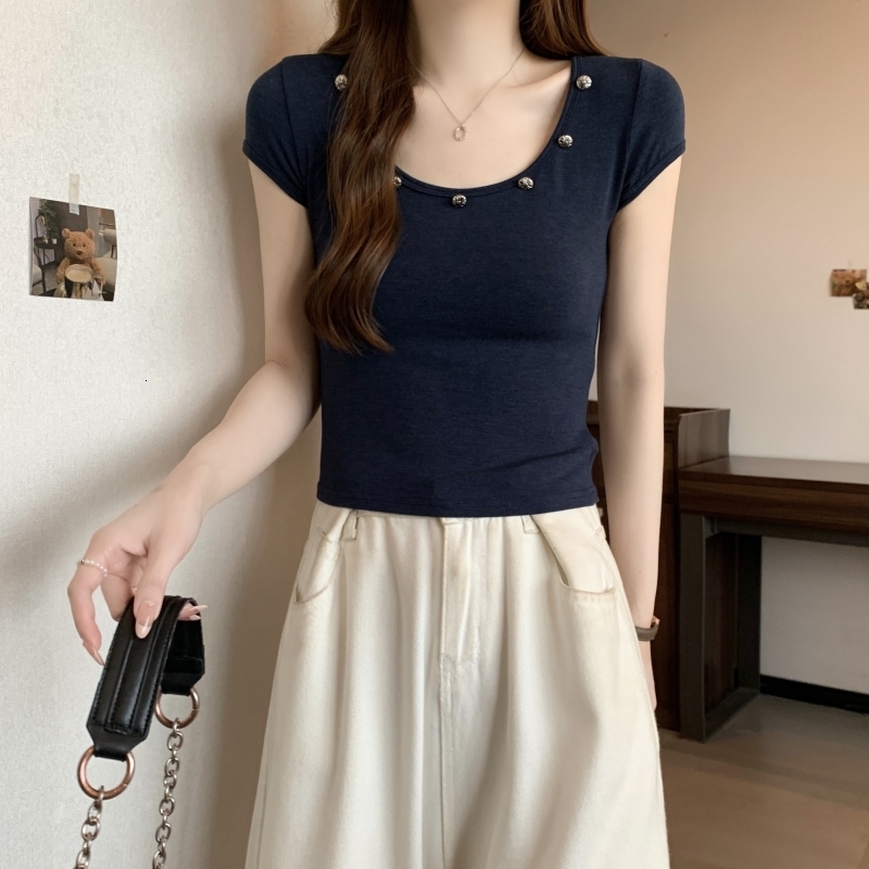 40 count pure cotton 2024 summer clothing button short sleeved T-shirt for women's niche